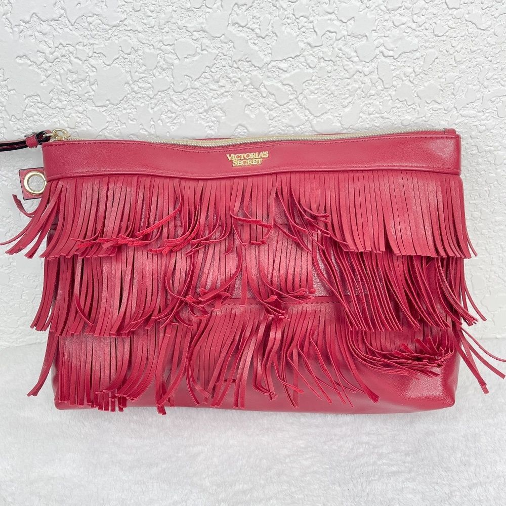 Victoria's Secret Bright Red Faux Leather Suede Fringe Zip Closure Clutch Purse
